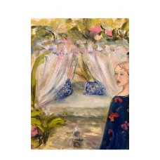 Lady and Peacocks in the Garden, oil painting on canvas 35*45 cm. Chinoiserie aesthetics, artist Marina Stognieva